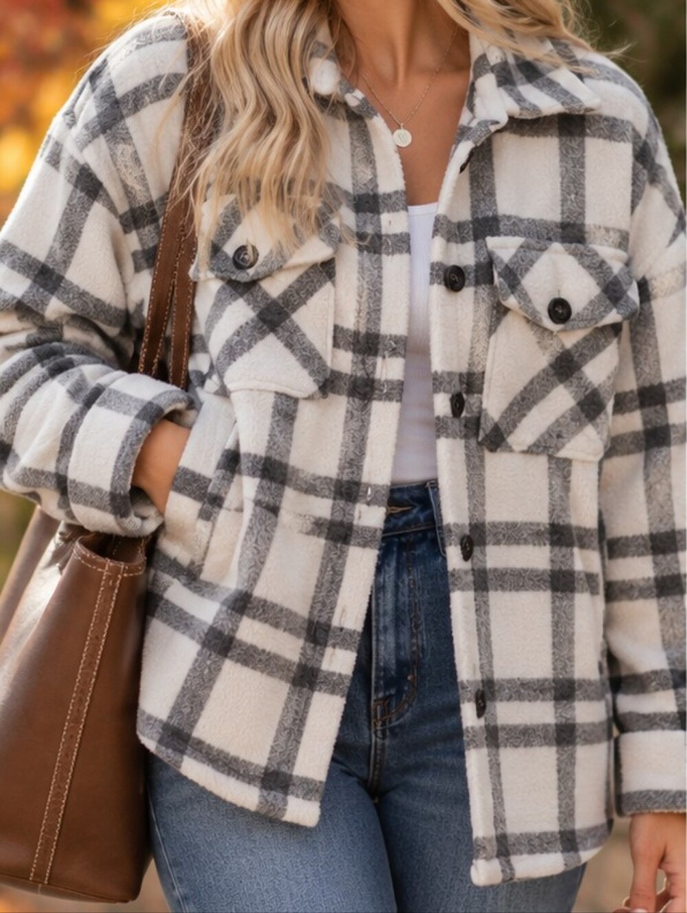 Thread & Supply Plaid Teddy Shacket Jacket Cream Gray Small Fall Cozy